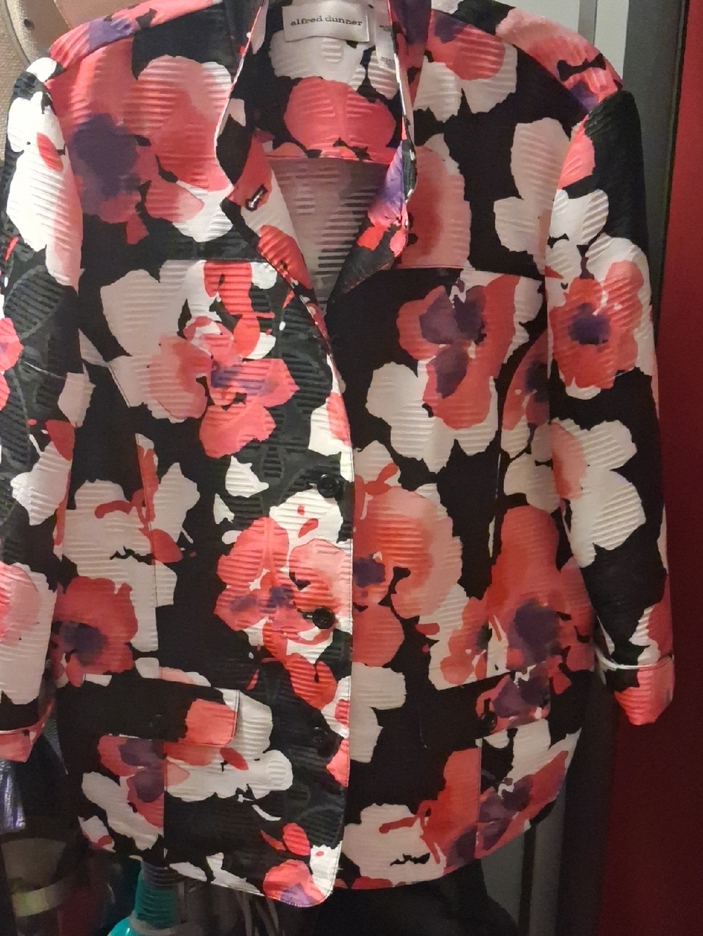 Alfred Dunner Black Jacket with Coral, White & Purple Floral Pattern